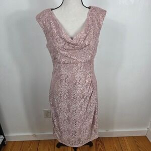 Scarlett Lace Sheath Dress Women 10 Pink Metallic Cowl Neck Ruched Cocktail Gala